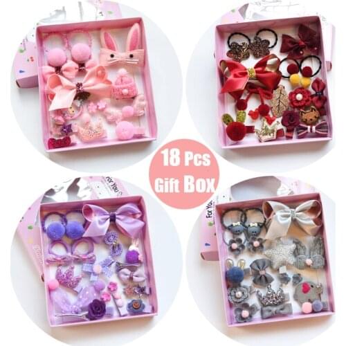Raindo 18 Pcs/Box Children Cute Hair Accessories Set Baby Fabric Bow Flower Hairpins Barrettes Hair clips Girls Headdress Gift