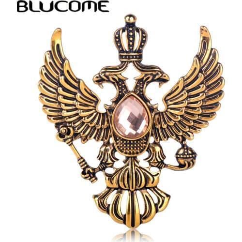Blucome Retro Russian National Emblem Brooches Antique Gold Color Crystal Badge Lapel Pin Women Men Clothes Suit Jewelry Clips