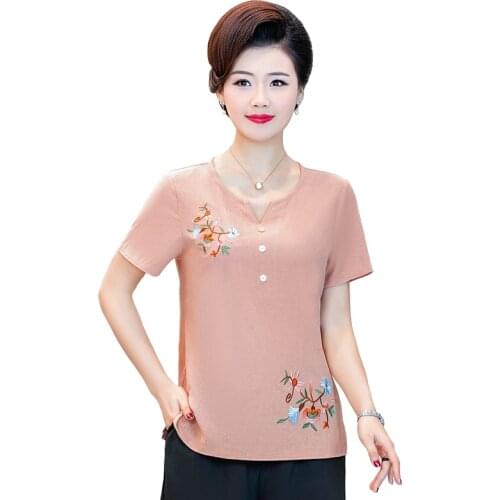 Floral Embroidery Women T-Shirts Short Sleeves Tops Bottom Shirt 2021 Summer Clothes New Plus Size Middle Age Mother Pullover