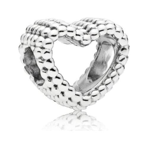 Genuine 925 Sterling Silver Bead Charm Classic Openwork Beaded Love Heart Bead Fit Women Pan Bracelet Bangle Necklace Diy J