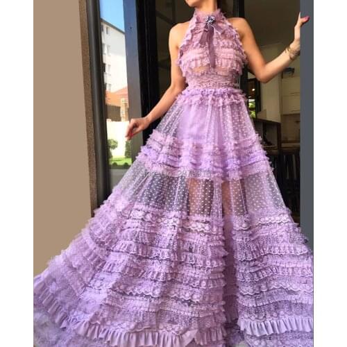 A-Line Halter Lilac Tulle Evening Dress Sleeveless Formal Party Dress Full-Length Beaded Perspective Bowknot Gown Dress Women