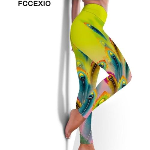 FCCEXIO High Waist Fitness Elastic Leggings Peacock Bird Feather 3D Print Sexy Plus Size Leggins Casual Workout Sport Pants