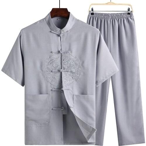 Cotton Linen Man Chinese Wushu Suits Gray Hot Sale Costume Sets Short Sleeve Jacket Trousers Suit Chinese Style