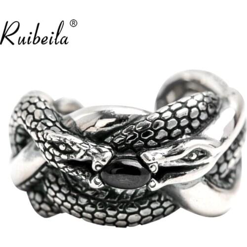 Snake ring black agate Ruibeila personality male dominant 925 sterling silver opening adjustable silver ring vintage