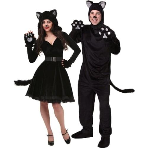 Unisex Parent-Child Animal Black Cat Costume Parade Mascot Jumpsuit Flannel Cosplay Carnival Halloween Fancy Party Dress