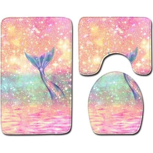 Red Flowers Toilet Mat Mermaid Cartoon Printing Non-slip Floor Mat Bathroom Decoration Entrance Door Mat Three-piece Carpet