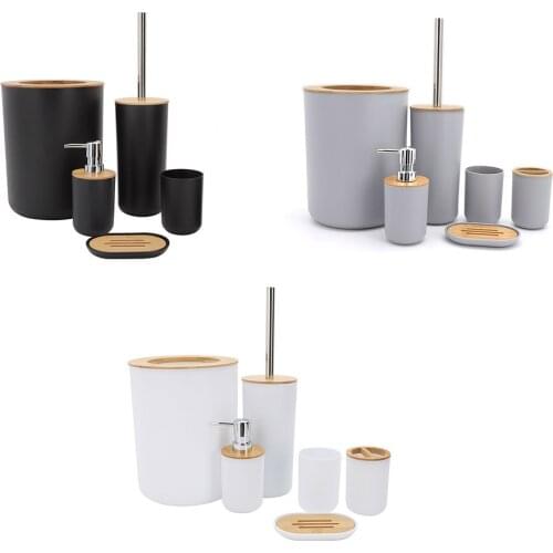Bathroom Accessories Set 6 Pieces Bamboo Room Set Toothbrush Holder Soap Dispenser Toilet Brush Trash Can Bathroom Essential Set