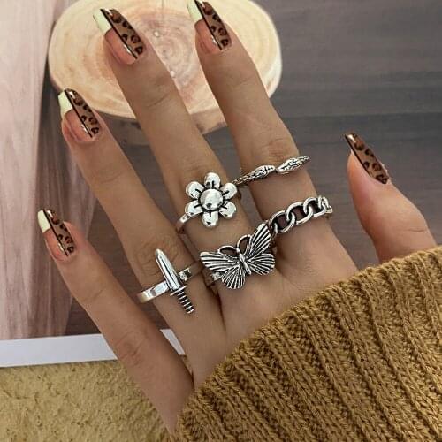 Geometric Butterfly Chain Snake Gold Metal Rings Set for Women Vintage Punk Hip Pop Hollow Ring Gift Wholesale Dropshipping
