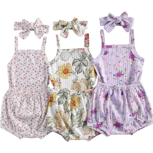 Newborn Baby Girls 3-piece Clothes Set Sleeveless Floral Print Romper+Shorts+Headband Sets Summer Clothing
