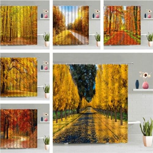 Autumn Forest Shower Curtain Yellow Fallen Leaves Tree Road Scenic Wall Hanging Curtains Bathroom Waterproof Screen Home Decor