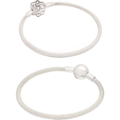 Lomeo 100% Silver High Quality Winter shining stars and snowflakes Moments Mesh woven Bracelet original DIY fashion jewelry