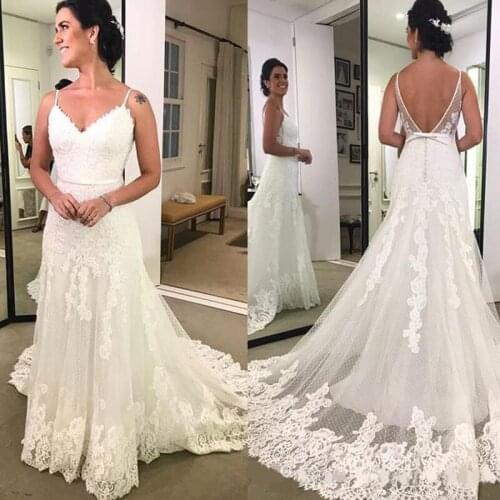 Sexy Spaghetti Straps Mermaid Wedding Dresses 2019 White Lace Open Back Sweep Train Bohemian Boho Beach Bridal Party Gowns Plus