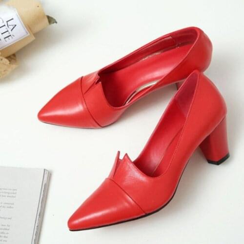 Women Fashion Black Pu Leather Slip on Pointed Toe High Heel Shoes Lady Square Heel Comfort Summer Office Heel Pumps
