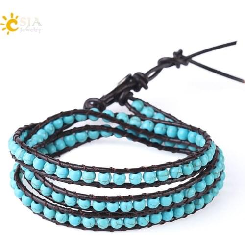 CSJA Green Turquoises Bracelet Leather Wrap Bracelets Jewelry for Women Boho Armband 4mm Bead Wide Handmade Triple Pulseira S141