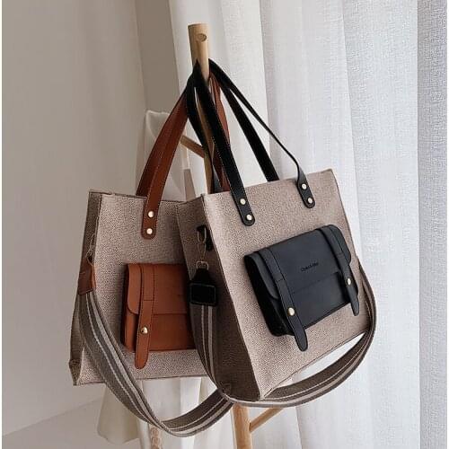 Casual Linen Large Capacity Women Shoulder Bags Designer Wide Strap Handbag Pu Patchwork Messenger Bag Female Shopper Big Tote