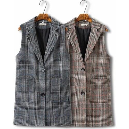 Plus size V-Neck pockets colete feminino inverno 2018 spring autumn sleeveless blazer black & Khaki plaid womens veste femme