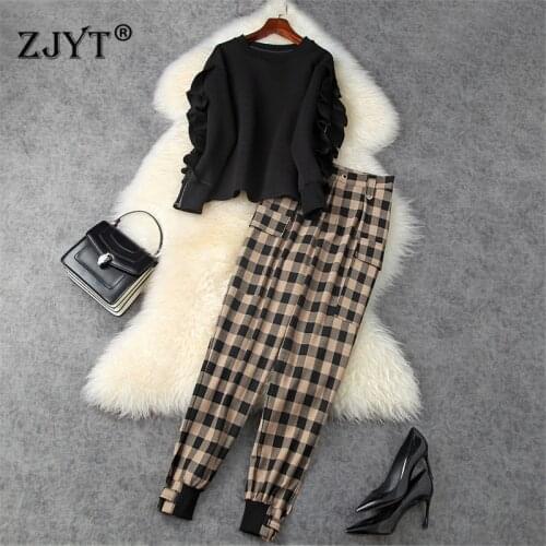 High Street Fashion Lady Casual Two Piece Outfits Autumn Winter Women Ruffle Space Cotton Top and Harem Pants Suit Matching Sets