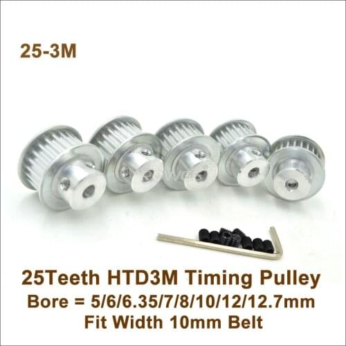 POWGE 25 Teeth 3M Timing Pulley Bore 5/6/6.35/8/10/12mm Fit W=10mm HTD 3M Synchronous Belt 25T 25Teeth HTD3M Pulley CNC Machine