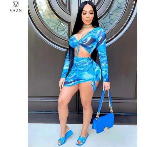 VAZN 2021 Hot Sexy Print Sport Party Going Out Wear Two Piece Set Women Full Sleeve Deep V-neckTop And Short Pant Sets