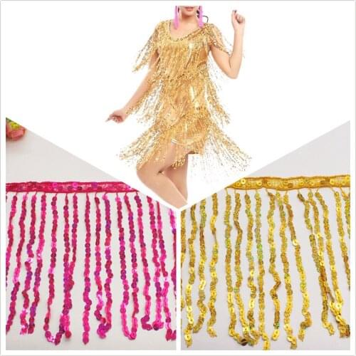 Gold Sequined Fringe Tassel 5 Yards iy Latin Trims Dress Macrame Trimming Lace Hologram Sequined Embroidery Dance 15-20CM