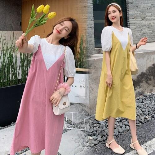 6166# Maternity Clothes Summer Short Sleeve Patchwork Easy Matching Loose Stylish Dress for Pregnant Women Mom Dress
