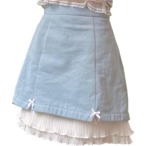 Sweet Style Lace Patchwork Denim Short Women Skirts Summer New A-Line Bow Slim All Match Female Clothing Top Quality