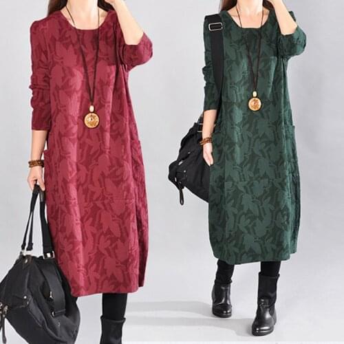Fashion Vestidos Ethnic Style 2020 Spring Autumn Women Casual Dress Long Sleeve Round Neck Cotton Linen Dress Plus Size Female