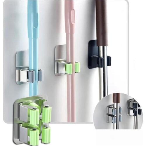 Mop Holder Rack Wall Mounted Brush Broom Hanger Bathroom Accessories Brush Organizers Storage Adhesive Hanging Hooks Punch-free