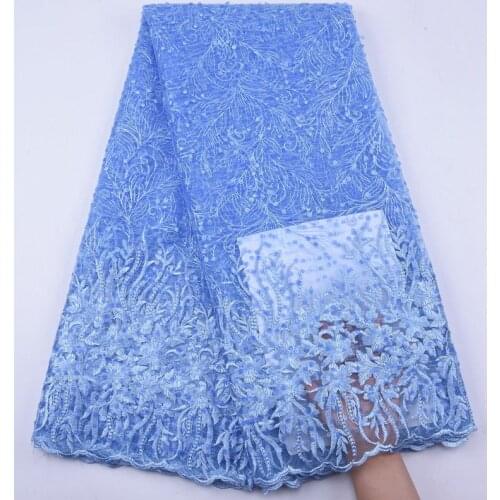 Latest African Sky Blue Sequin Lace Fabric 2020 High Quality Lace Nigerian French Tulle Mesh Lace Fabric For Wedding Dress S1917