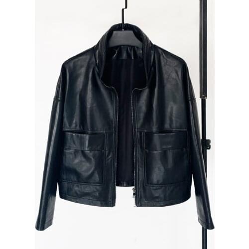 2020 Spring new leather short leather jacket female sheepskin stand collar was thin locomotive leather jacket casual jacket