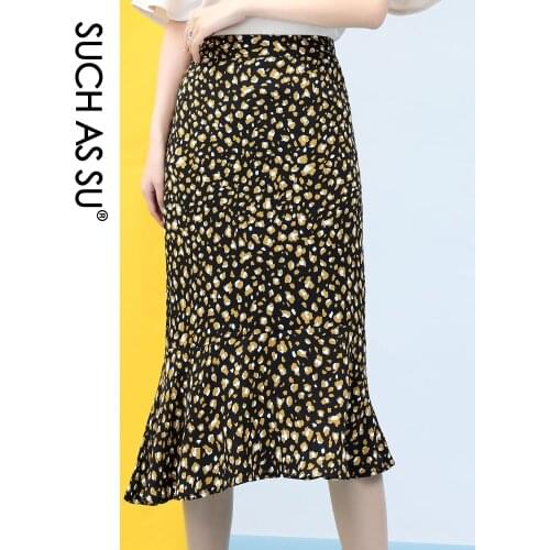 New Slim Mid Long Asymmetry Skirts Womens 2020 Summer 2 Color Chiffon Print Skirt High Waist Ruffle Skirt S-3XL Size Slim Fema