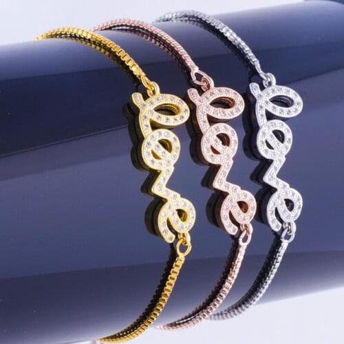 Factory Direct Micro Pave Cubic Zirconia Word Love Connector Charm Chain Bracelet Fit Women Jewelry Making Girlfriend Gift