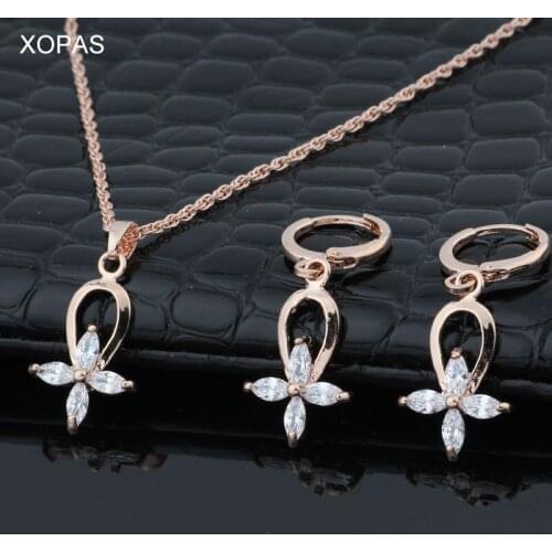XOPAS new design jewelry earrings necklace set drops of water zircon crystal copper ear buckle fashion simple boutique