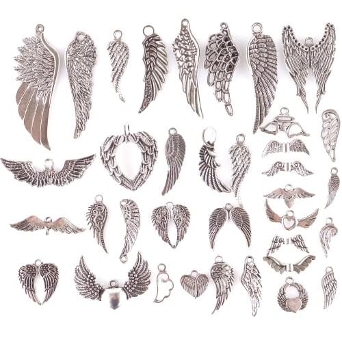 Mixed 35pcs Charms Angel Wing Antique Silver Color Small Feather Wing Charms Jewelry Findings DIY Bird Wing Charms Wholesale