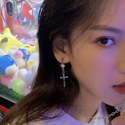 Retro Gothic Love Heart Cross Dangle Earring 2021 France Fashion Women Silver Plated Earring Trend Women Nightclub Party Jewelry