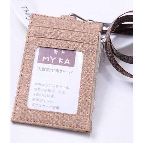 Faux Leather Candy Color ID Badge Holder with Lanyard Hanging Neck Multi Slots ID Card Side Zipper Pocket Wallet Bag G5AE
