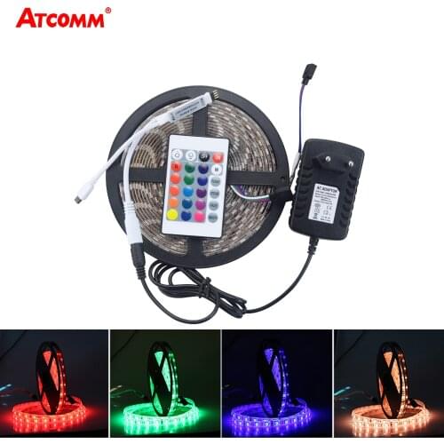 5050 RGB LED Strip Light 5 Meters 300 LEDs 12V Tape Light LED Diode Ribbon + 12V 3A Power Adapter + 24 Key IR Remote Controller