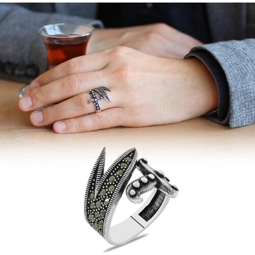 Tesbihane Marcasite Stone Mıhlamalı Zulfiqar Design 925 Sterling Silver Men 'S Ring