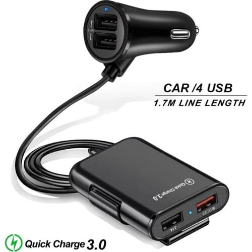 4 Ports USB Charger Quick Charge QC3.0 With Extension Cable For Phone Camera Tablet Driving Recorder Fast Charging Car Charger