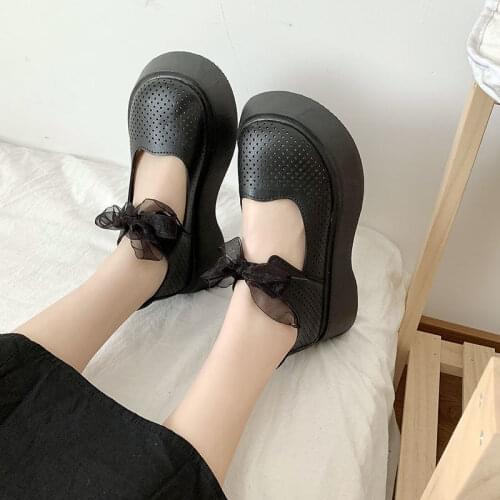 Breathability Summer New Womens Thin Cut-out Uniform Jk Muffin Thick Bottom Platform Mid Heel Pump Female Soft Sweet Girls Loli