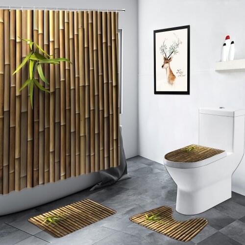 Bamboo Green Plant Leaves Shower Curtains Chinese Style Bathroom Decor Non-slip Mat Carpet Toilet Cover Flannel Rug Curtain Sets