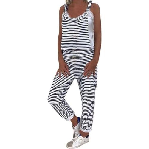 Plus Size Women Striped Print Pocket Tassel Drawstring Long Jumpsuits Overalls