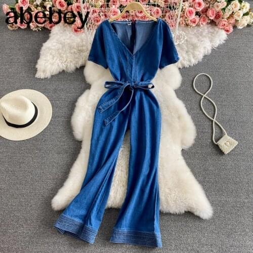 Women Soild V Neck Batwing Sleeve Elastic Waist Button Pockets Denim Jumpsuits Casual Jean Jumpsuit Rompers