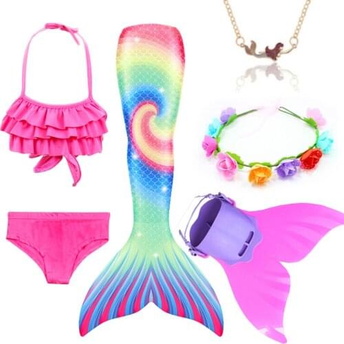 Girls Swimmable Mermaid Tail for Kids Swimming Bikini Set Mermaid Swimsuit Halloween Costume can add Monofin Fin Goggle C32K105