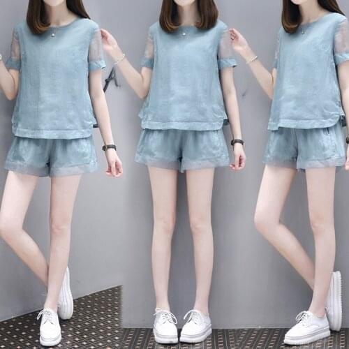 Womens Fashion 2020 Summer Sets 2 Pieces Solid Color Stitching Short Sleeve Organza Blouse+Baggy Shorts Plus Size Tracksuits