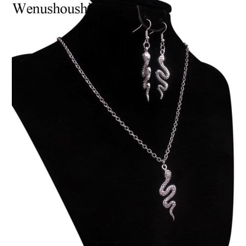 3mm width link stainless steel chain fashion snake necklace for women antique silver color snake charm earrings jewelry sets