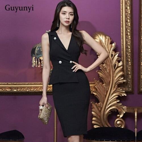 Black Elegant Office Dress 2021 Summer Simple V-Neck High Waist Asymmetry Decorative Buttons Temperament Womens Party Dress