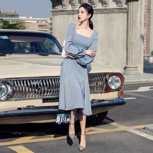 2021 spring Summer Women Lantern sleeve Long sleeve Dress Temperament High waist EMid-length vening Dresses Vestidos