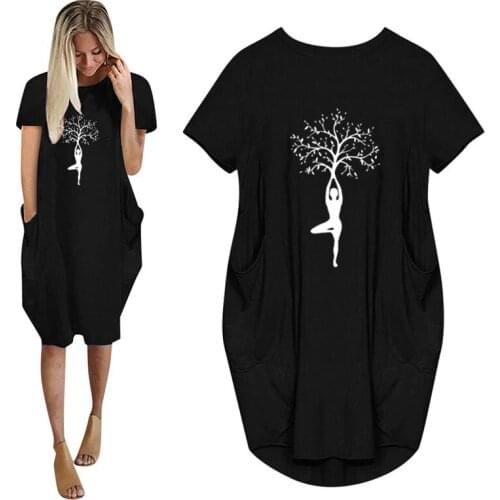 New Summer Lady Tree Print Women Casual Loose Dress With Pocket Ladies Fashion O Neck Long Tops Female T Shirt Dress