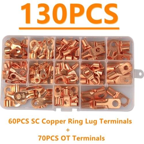 130Pcs Assortment Car Auto SC Copper Ring Lugs Wire Connectors& OT Wire Terminals Crimp Welding Electrical Cable Connector Kit